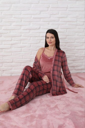 PİJAMONİ - Pijamoni Kadın Sabahlıklı Pijama Takımı İp Askılı Kadife Desenli - Gülkurusu (1)