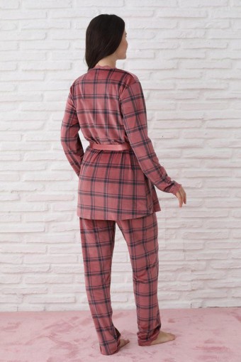 PİJAMONİ - Pijamoni Kadın Sabahlıklı Pijama Takımı İp Askılı Kadife Desenli - Gülkurusu (1)