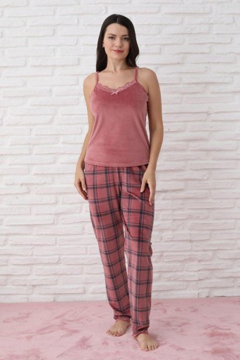 PİJAMONİ - Pijamoni Kadın Sabahlıklı Pijama Takımı İp Askılı Kadife Desenli - Gülkurusu