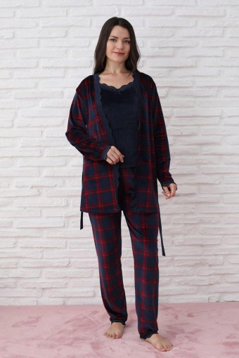 PİJAMONİ - Pijamoni Kadın Sabahlıklı Pijama Takımı İp Askılı Kadife Desenli - Lacivert (1)