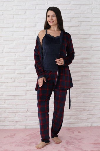 PİJAMONİ - Pijamoni Kadın Sabahlıklı Pijama Takımı İp Askılı Kadife Desenli - Lacivert (1)