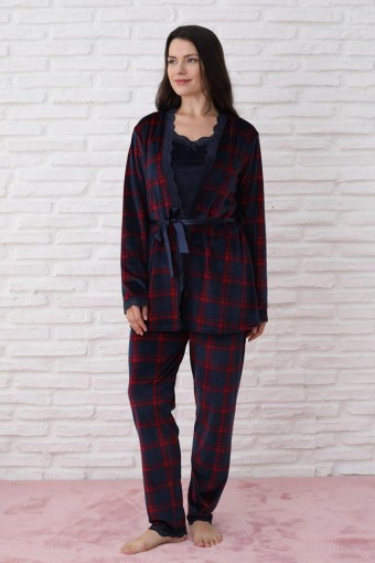 PİJAMONİ - Pijamoni Kadın Sabahlıklı Pijama Takımı İp Askılı Kadife Desenli - Lacivert