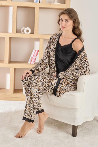 PİJAMONİ - Pijamoni Kadın Sabahlıklı Pijama Takımı İp Askılı Kadife Desenli - Leopar (1)
