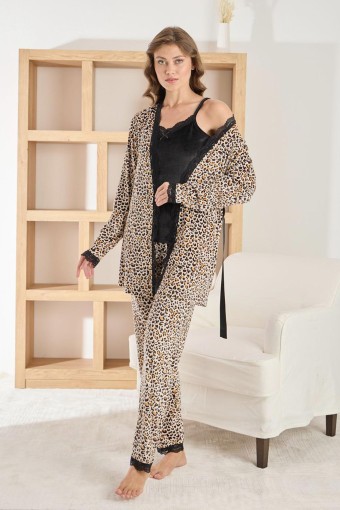 PİJAMONİ - Pijamoni Kadın Sabahlıklı Pijama Takımı İp Askılı Kadife Desenli - Leopar