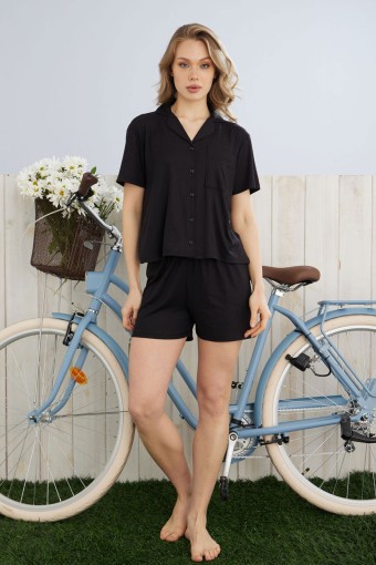 PİJAMONİ - Pijamoni Kadın Şortlu Takım Gömlek Yaka Kısa Kol Cepli Dublin - Siyah