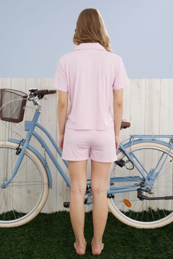 PİJAMONİ - Pijamoni Kadın Şortlu Takım Gömlek Yaka Kısa Kollu Cepli Dublin - Açık Pembe (1)