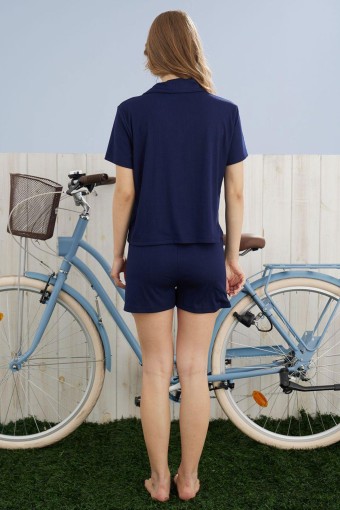 PİJAMONİ - Pijamoni Kadın Şortlu Takım Gömlek Yaka Kısa Kollu Cepli Dublin - Lacivert (1)