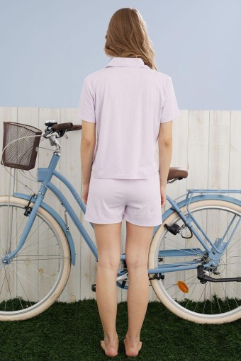 PİJAMONİ - Pijamoni Kadın Şortlu Takım Gömlek Yaka Kısa Kollu Cepli Dublin - Lila (1)