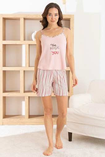 PİJAMONİ - Pijamoni Kadın Şortlu Takım İp Askılı Çizgi Desenli Oslo Kumaş - Pembe