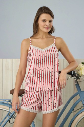 PİJAMONİ - Pijamoni Kadın Şortlu Takım İp Askılı Desenli Yakası Dantelli - Beyaz