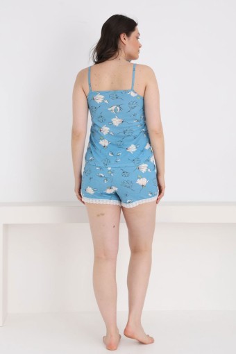 PİJAMONİ - Pijamoni Kadın Şortlu Takım İp Askılı Desenli Yakası Dantelli - İndigo (1)