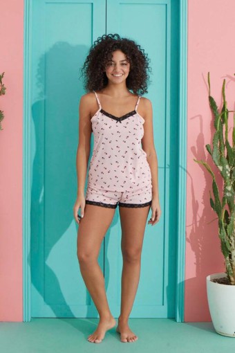 PİJAMONİ - Pijamoni Kadın Şortlu Takım İp Askılı Desenli Yakası Dantelli - Somon