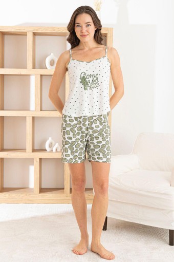 PİJAMONİ - Pijamoni Kadın Şortlu Takım İp Askılı Kaktüs Desenli Oslo Kumaş - Krem