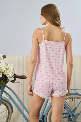 PİJAMONİ - Pijamoni Kadın Şortlu Takım İp Askılı Kelebek Desenli Yakası Dantelli - Pembe (1)