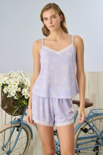 PİJAMONİ - Pijamoni Kadın Şortlu Takım İp Askılı Yakası Dantelli Çiçek Desenli - Lila