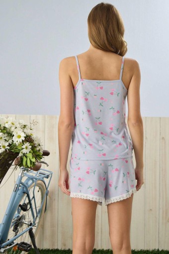 PİJAMONİ - Pijamoni Kadın Şortlu Takım İp Askılı Yakası Dantelli Kiraz Desenli - Çok Renkli