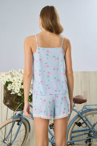 PİJAMONİ - Pijamoni Kadın Şortlu Takım İp Askılı Yakası Dantelli Kiraz Desenli - Mavi (1)