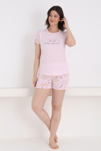 PİJAMONİ - Pijamoni Kadın Şortlu Takım Kısa Kol Bisiklet Desenli Poliviskon - Toz Pembe