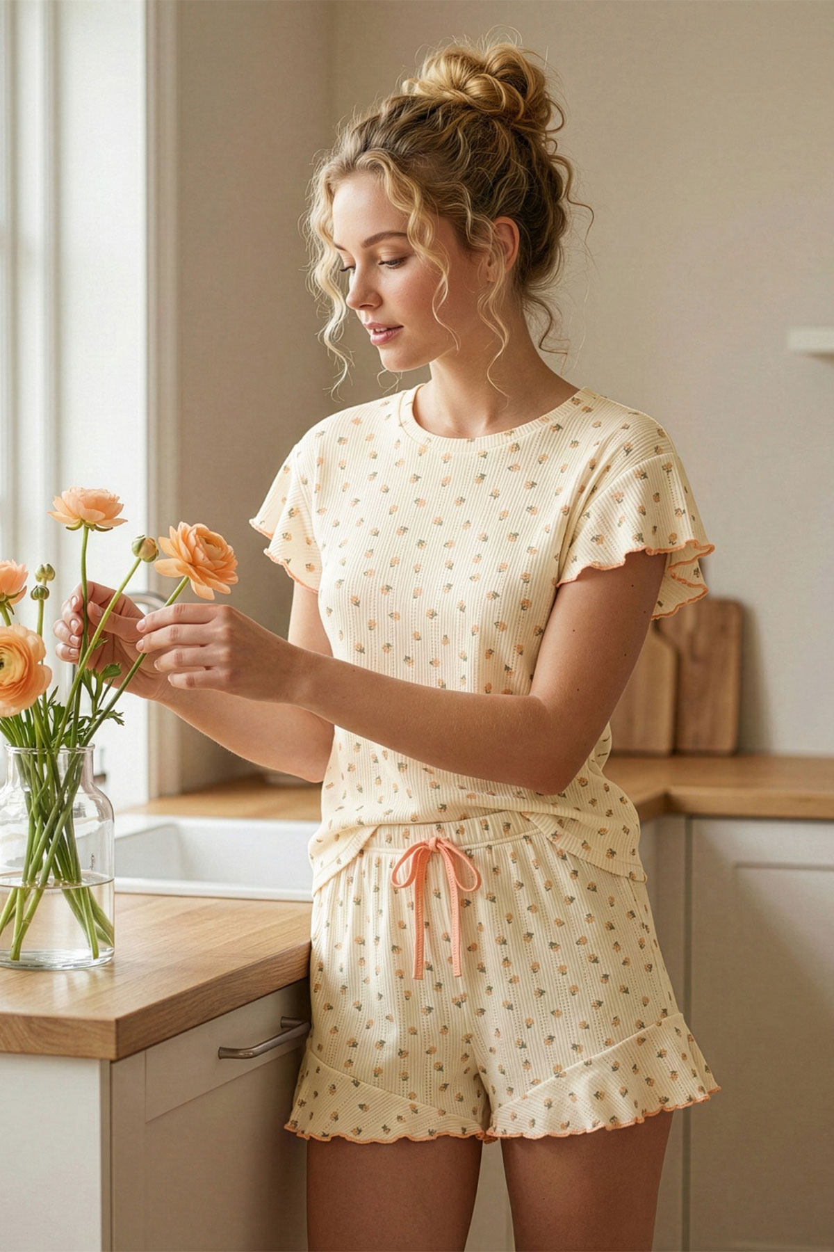 Pijamoni Kadın Şortlu Takım Kısa Kol Bisiklet Yaka Çiçekli Transferli Ribana - Ekru - Thumbnail