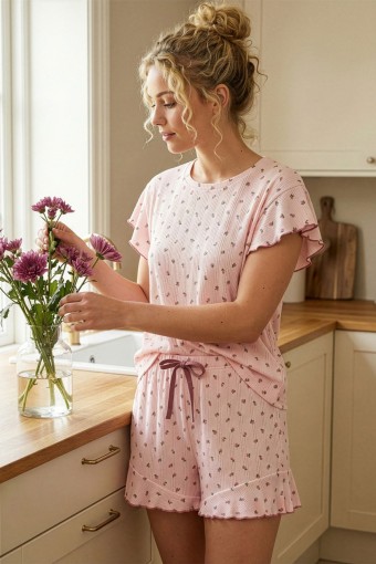 PİJAMONİ - Pijamoni Kadın Şortlu Takım Kısa Kol Bisiklet Yaka Çiçekli Transferli Ribana - Pembe