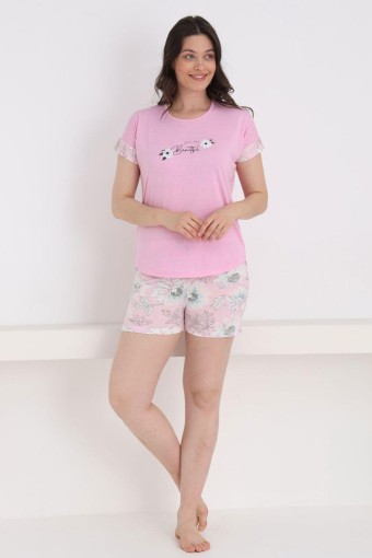 PİJAMONİ - Pijamoni Kadın Şortlu Takım Kısa Kol Çiçek Desenli Poliviskon - Pembe