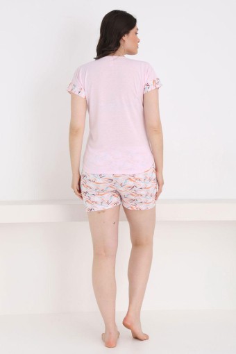 PİJAMONİ - Pijamoni Kadın Şortlu Takım Kısa Kol Desenli Poliviskon - Toz Pembe (1)