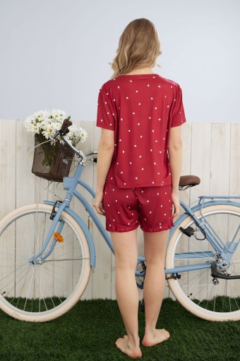 PİJAMONİ - Pijamoni Kadın Şortlu Takım Kısa Kol Kalpli Şort Fırfırlı Milan Kumaş - Bordo (1)