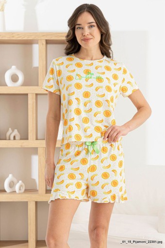 PİJAMONİ - Pijamoni Kadın Şortlu Takım Kısa Kol Kalpli Şort Fırfırlı Milan Kumaş - Ekru