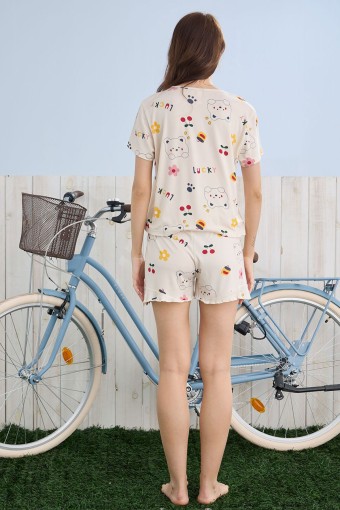 PİJAMONİ - Pijamoni Kadın Şortlu Takım Kısa Kol Kalpli Şort Fırfırlı Milan Kumaş - Ekru (1)