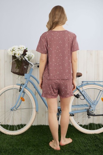 PİJAMONİ - Pijamoni Kadın Şortlu Takım Kısa Kol Kalpli Şort Fırfırlı Milan Kumaş - Gülkurusu (1)