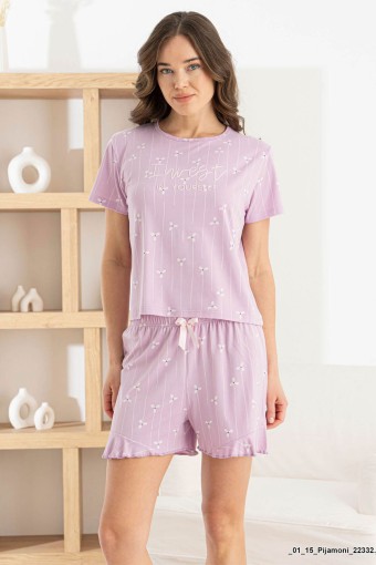 PİJAMONİ - Pijamoni Kadın Şortlu Takım Kısa Kol Kalpli Şort Fırfırlı Milan Kumaş - Lila