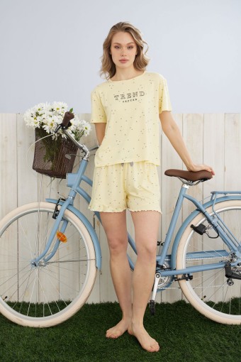 PİJAMONİ - Pijamoni Kadın Şortlu Takım Kısa Kol Kalpli Şort Fırfırlı Milan Kumaş - Sarı