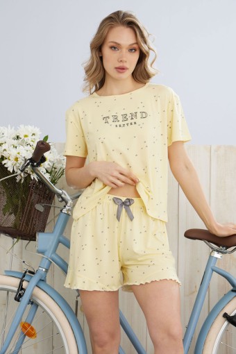PİJAMONİ - Pijamoni Kadın Şortlu Takım Kısa Kol Kalpli Şort Fırfırlı Milan Kumaş - Sarı (1)
