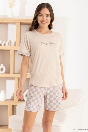 PİJAMONİ - Pijamoni Kadın Şortlu Takım Kısa Kol Yuvarlak Yaka Desenli Milan - Bej