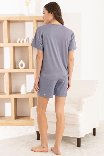 PİJAMONİ - Pijamoni Kadın Şortlu Takım Kısa Kol Yuvarlak Yaka Desenli Milan - Füme (1)