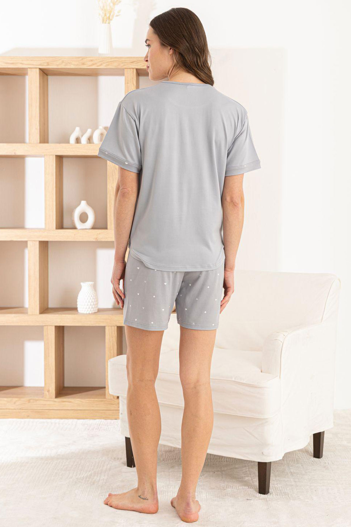 Pijamoni Kadın Şortlu Takım Kısa Kol Yuvarlak Yaka Desenli Milan - Gri - Thumbnail