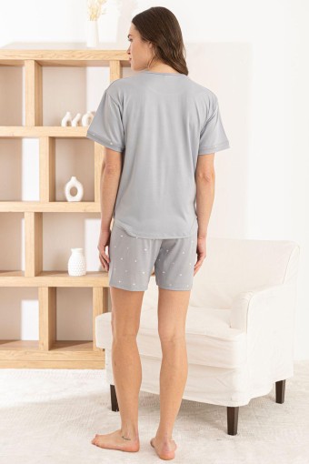 PİJAMONİ - Pijamoni Kadın Şortlu Takım Kısa Kol Yuvarlak Yaka Desenli Milan - Gri (1)