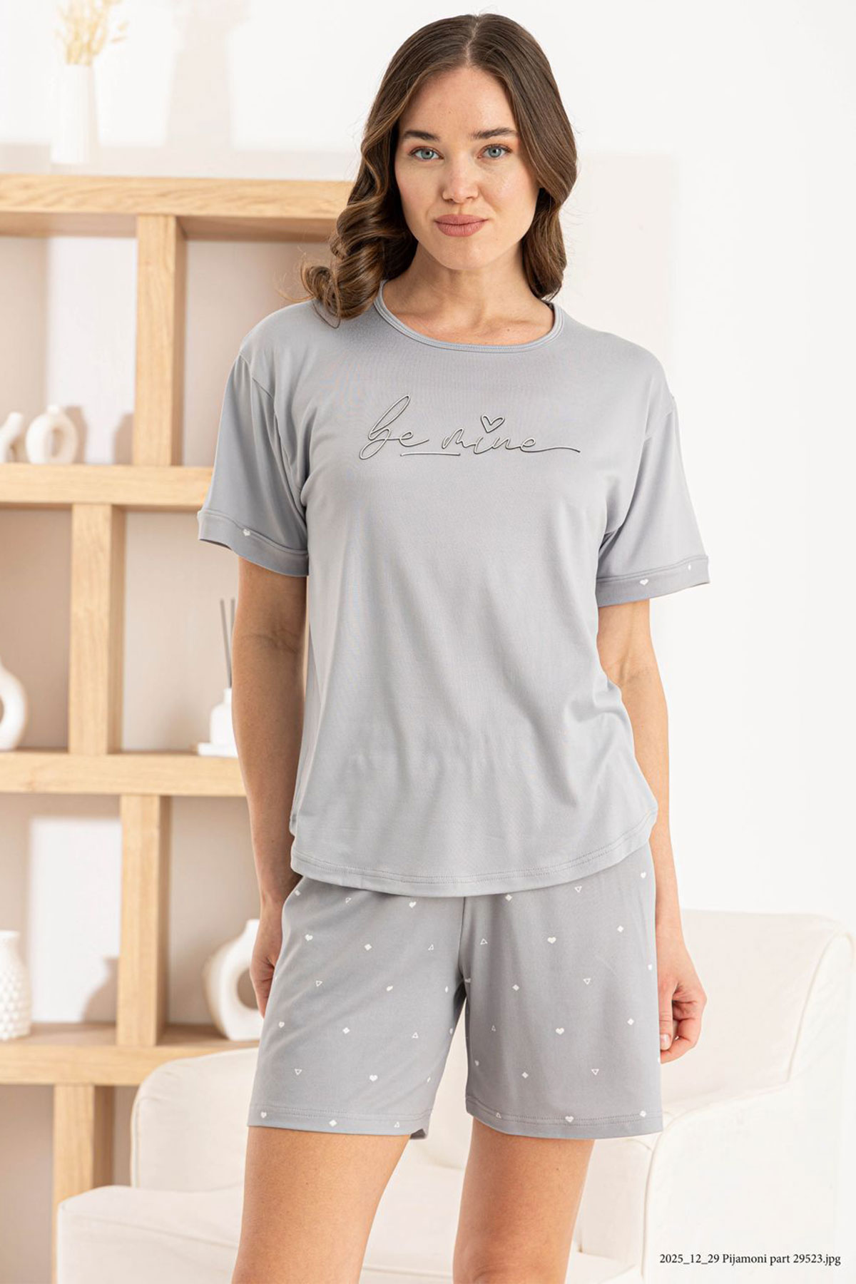 Pijamoni Kadın Şortlu Takım Kısa Kol Yuvarlak Yaka Desenli Milan - Gri - Thumbnail