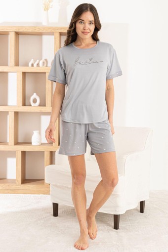 PİJAMONİ - Pijamoni Kadın Şortlu Takım Kısa Kol Yuvarlak Yaka Desenli Milan - Gri