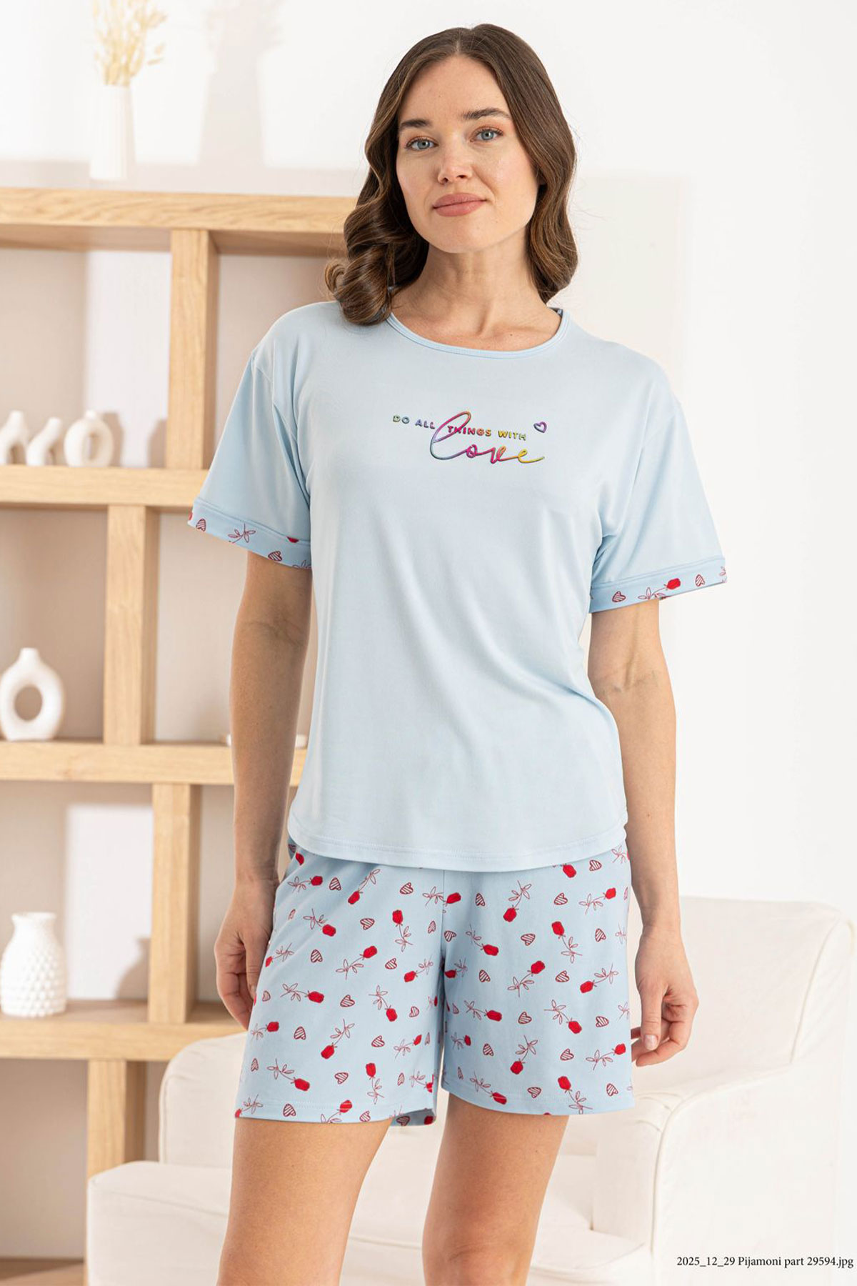 Pijamoni Kadın Şortlu Takım Kısa Kol Yuvarlak Yaka Desenli Milan - Mavi - Thumbnail