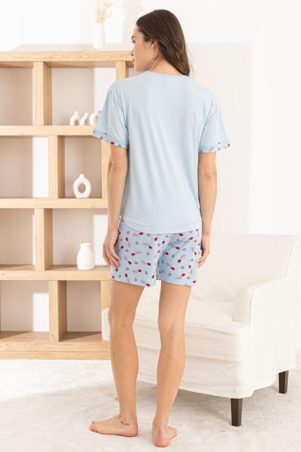 PİJAMONİ - Pijamoni Kadın Şortlu Takım Kısa Kol Yuvarlak Yaka Desenli Milan - Mavi (1)