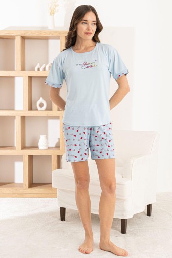 PİJAMONİ - Pijamoni Kadın Şortlu Takım Kısa Kol Yuvarlak Yaka Desenli Milan - Mavi