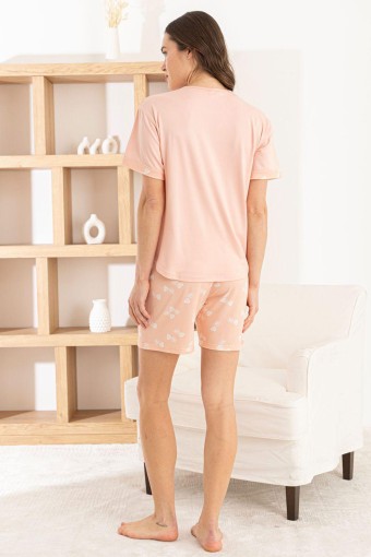 PİJAMONİ - Pijamoni Kadın Şortlu Takım Kısa Kol Yuvarlak Yaka Desenli Milan - Pembe (1)