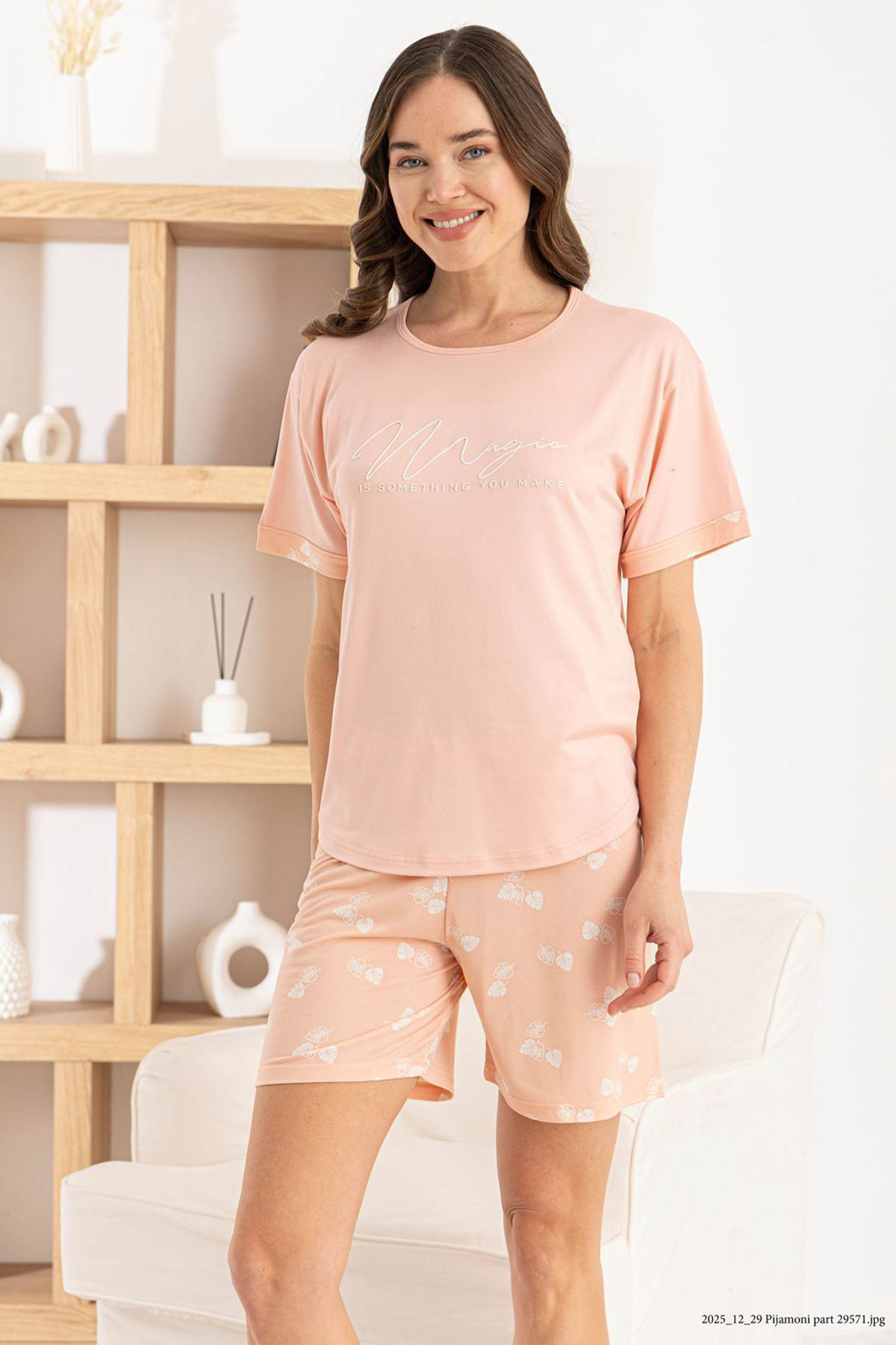 Pijamoni Kadın Şortlu Takım Kısa Kol Yuvarlak Yaka Desenli Milan - Pembe - Thumbnail