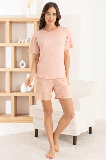 PİJAMONİ - Pijamoni Kadın Şortlu Takım Kısa Kol Yuvarlak Yaka Desenli Milan - Pembe