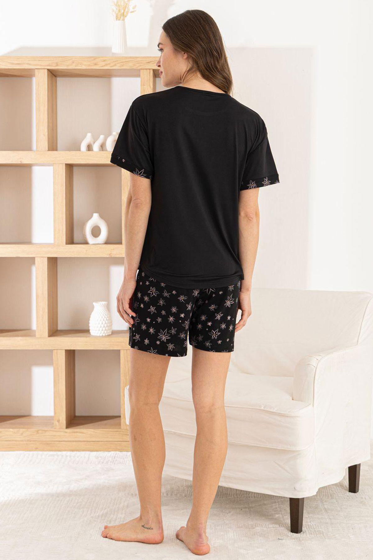 Pijamoni Kadın Şortlu Takım Kısa Kol Yuvarlak Yaka Desenli Milan - Siyah - Thumbnail