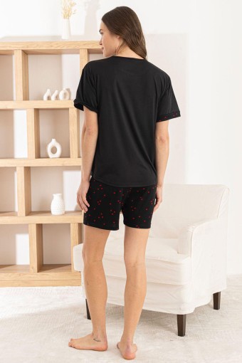 PİJAMONİ - Pijamoni Kadın Şortlu Takım Kısa Kol Yuvarlak Yaka Desenli Milan - Siyah (1)