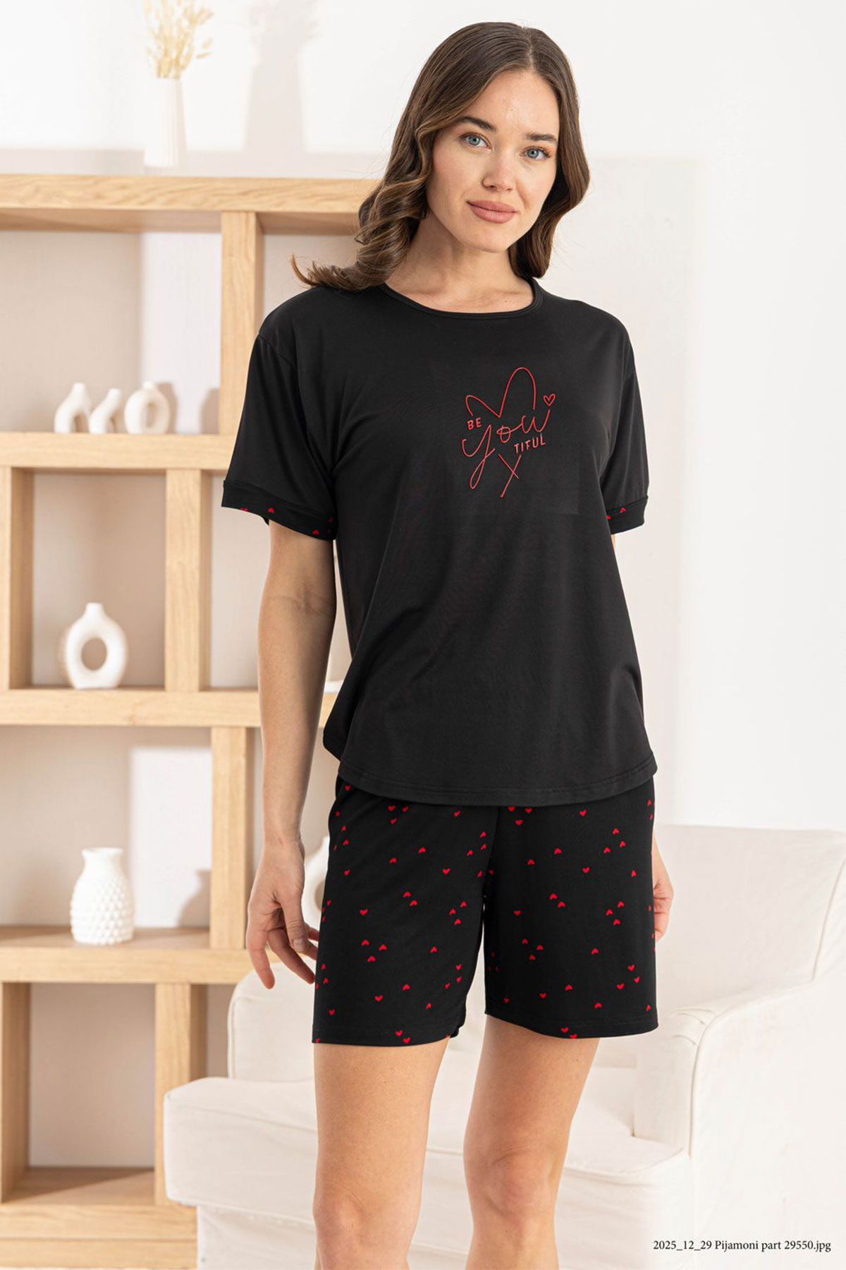 Pijamoni Kadın Şortlu Takım Kısa Kol Yuvarlak Yaka Desenli Milan - Siyah - Thumbnail