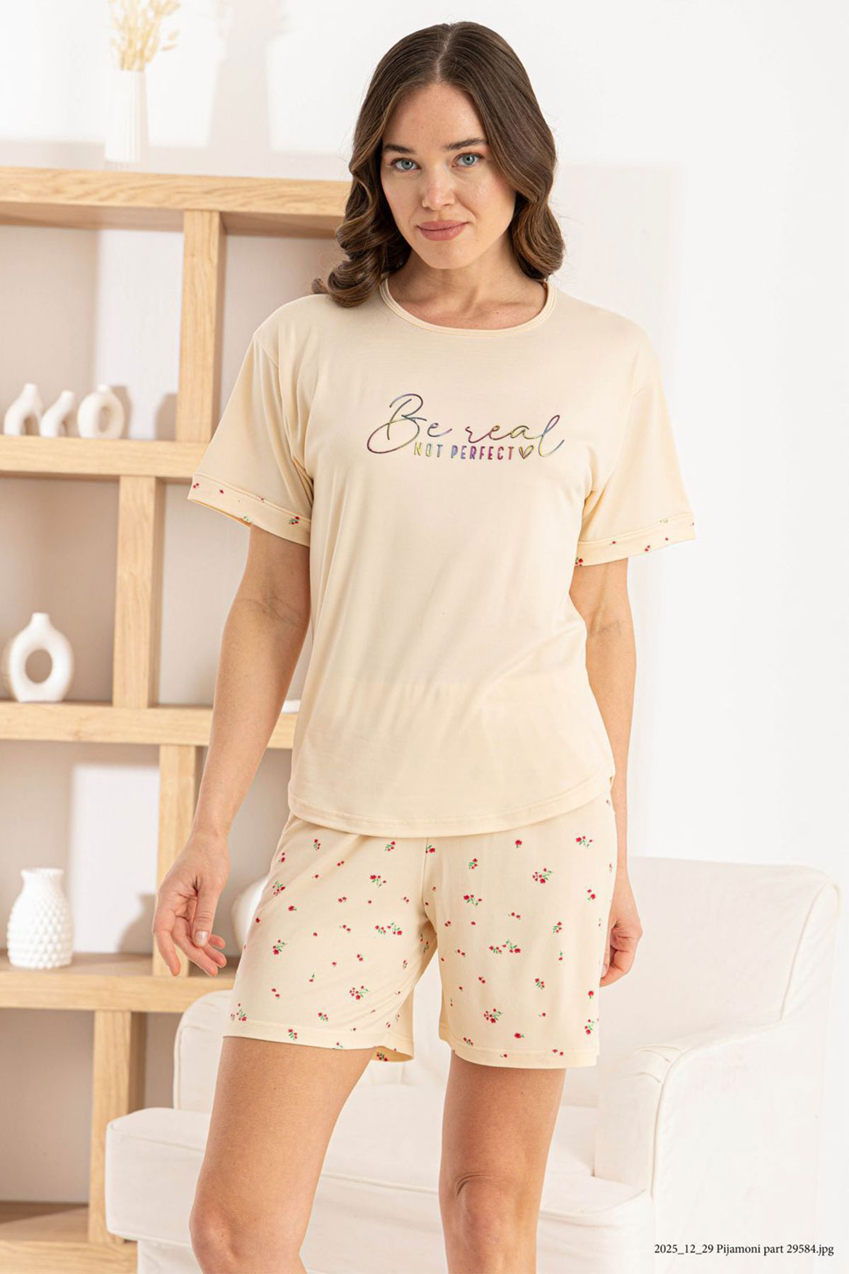 Pijamoni Kadın Şortlu Takım Kısa Kol Yuvarlak Yaka Desenli Milan - Somon - Thumbnail