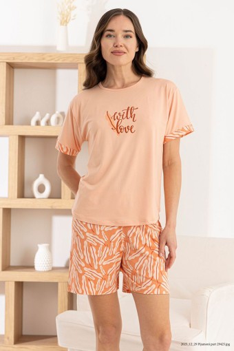 PİJAMONİ - Pijamoni Kadın Şortlu Takım Kısa Kol Yuvarlak Yaka Desenli Milan - Somon